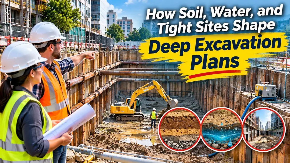 Deep excavation planning at an urban construction site showing soil conditions, groundwater management, and excavation support systems.