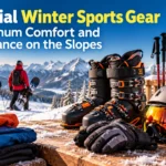 Essential winter sports gear including ski boots, helmet, goggles, gloves, skis, and poles against a snowy alpine mountain backdrop.