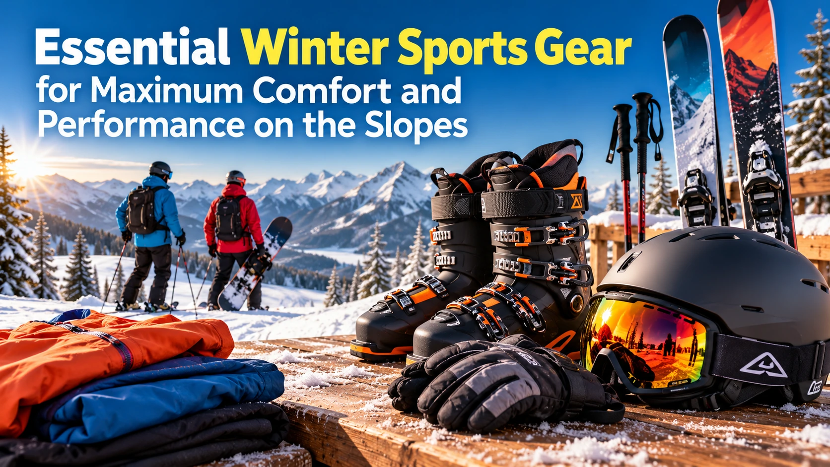 Essential winter sports gear including ski boots, helmet, goggles, gloves, skis, and poles against a snowy alpine mountain backdrop.