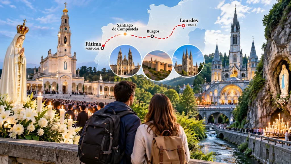 Fatima and Lourdes pilgrimage route through Portugal, Spain and France with Santiago de Compostela and Burgos stops