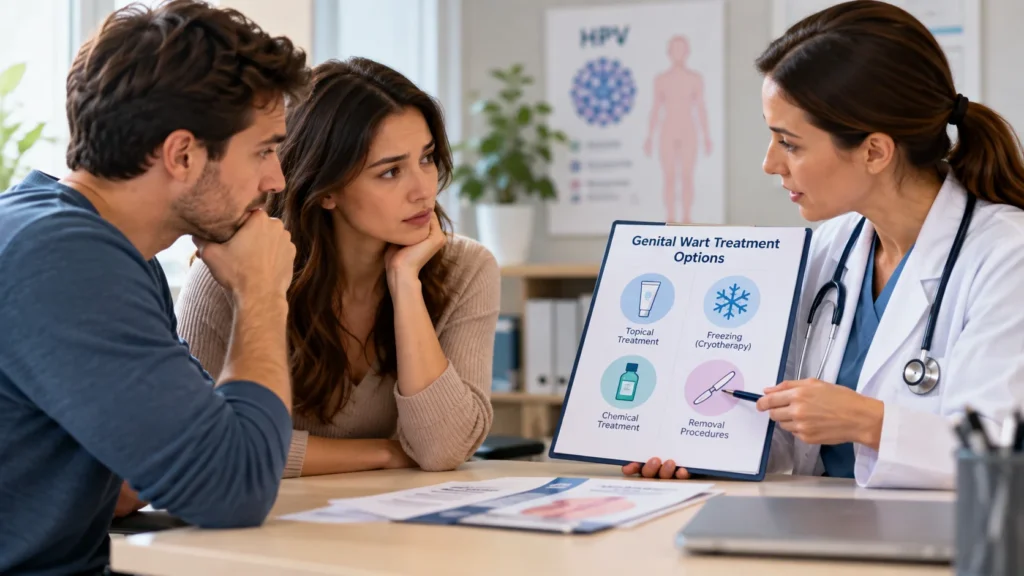 Doctor discussing genital wart treatment options with a couple during a medical consultation