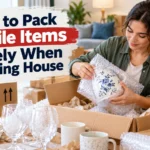 Woman carefully wrapping a ceramic vase in bubble wrap while packing fragile items for a house move.