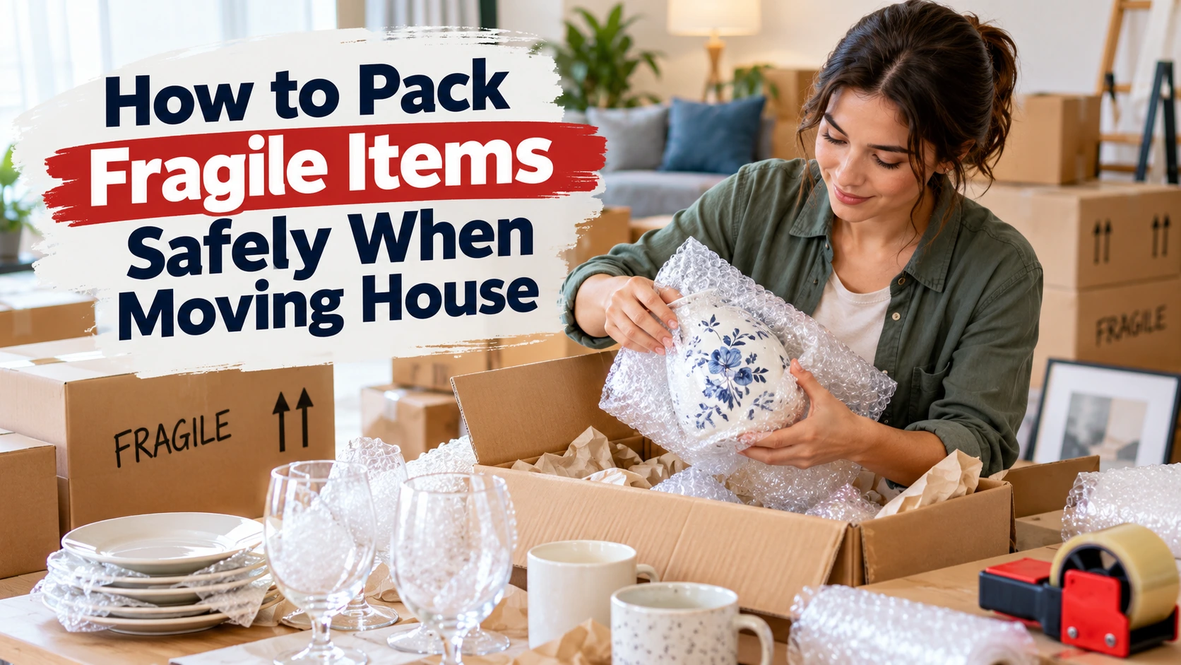 Woman carefully wrapping a ceramic vase in bubble wrap while packing fragile items for a house move.