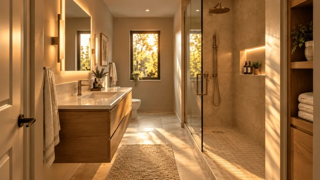 Modern bathroom remodel in Lenexa, Kansas, featuring a wood vanity, glass walk-in shower, warm lighting, and space-saving storage.