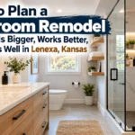 Modern bathroom remodel in Lenexa, Kansas, featuring a glass shower, floating vanity, marble-look tiles, and space-saving storage.