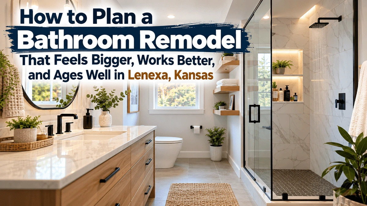 Modern bathroom remodel in Lenexa, Kansas, featuring a glass shower, floating vanity, marble-look tiles, and space-saving storage.
