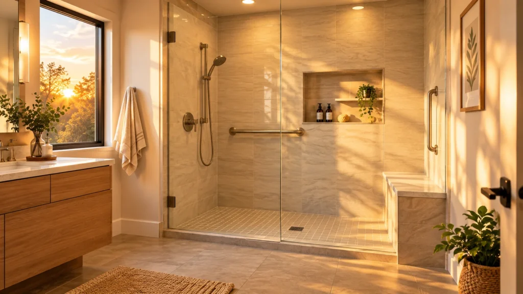 Modern walk-in shower bathroom with frameless glass enclosure, beige stone tiles, wooden vanity, built-in bench, grab bars, and warm golden sunlight.