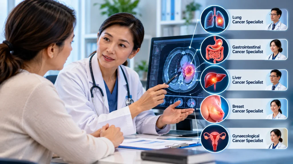 Doctor discussing organ-specific cancer specialist care and treatment options with a patient