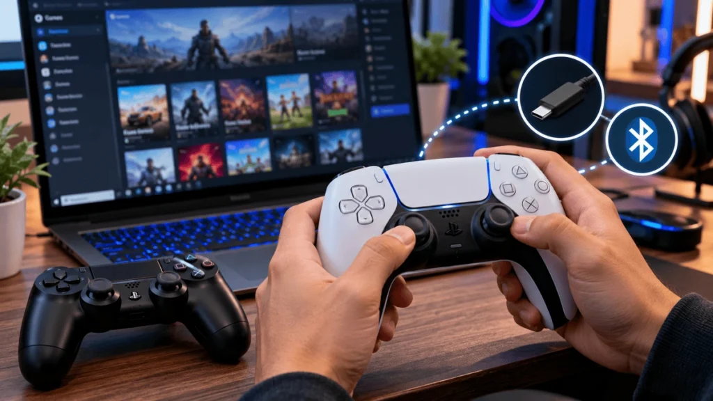 PlayStation DualSense and DualShock controllers on a PC gaming desk, showing controller setup and USB and Bluetooth connectivity.