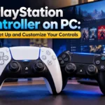 PlayStation DualSense and DualShock controllers with PC gaming setup, showing controller customization, button mapping, sensitivity settings, USB connection, and Bluetooth connectivity.