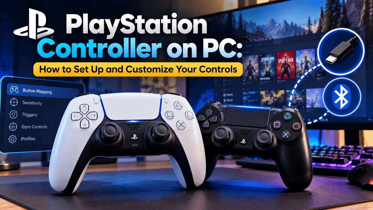 PlayStation DualSense and DualShock controllers with PC gaming setup, showing controller customization, button mapping, sensitivity settings, USB connection, and Bluetooth connectivity.