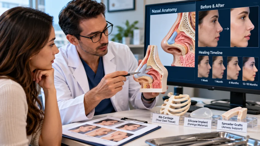 Doctor explaining rhinoplasty nasal anatomy, cartilage grafts, implants, and recovery timeline to a patient