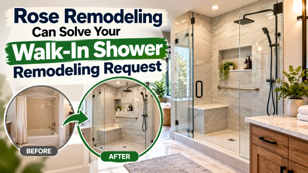 Rose Remodeling walk-in shower remodeling featuring a before-and-after bathroom transformation with a modern glass shower enclosure, marble-look tiles, built-in bench, and grab bar.