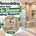Rose Remodeling walk-in shower remodeling featuring a before-and-after bathroom transformation with a modern glass shower enclosure, marble-look tiles, built-in bench, and grab bar.