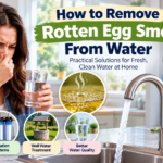 Homeowner detecting a rotten egg smell in tap water beside a kitchen sink and whole-house water filtration system.