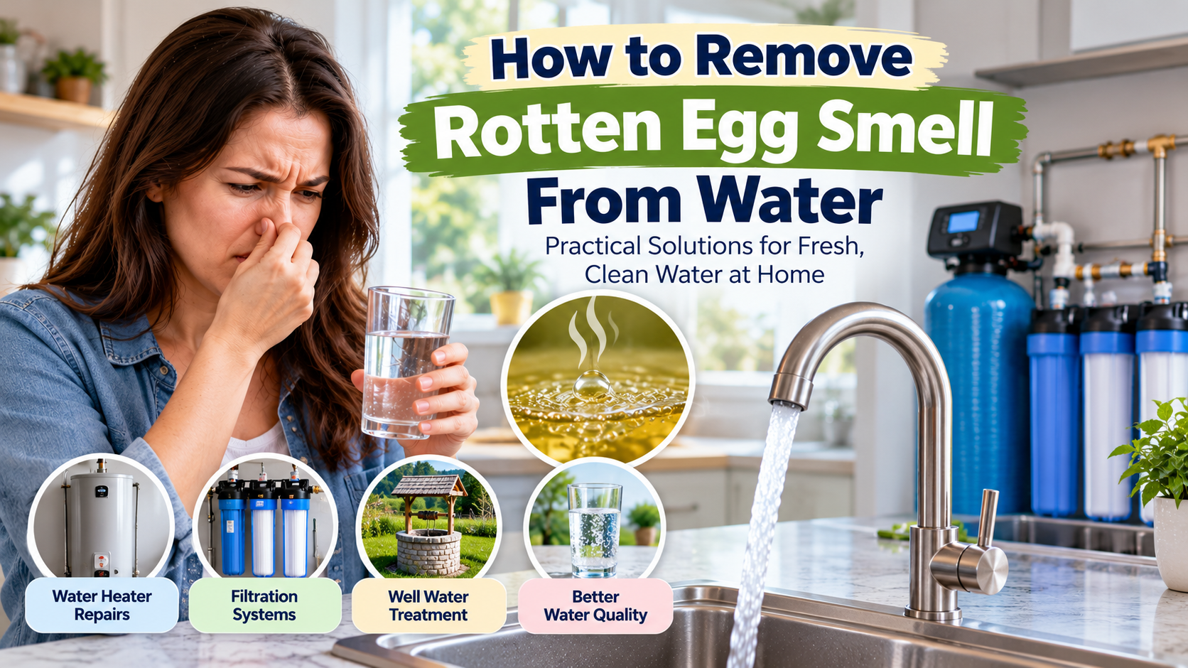 Homeowner detecting a rotten egg smell in tap water beside a kitchen sink and whole-house water filtration system.