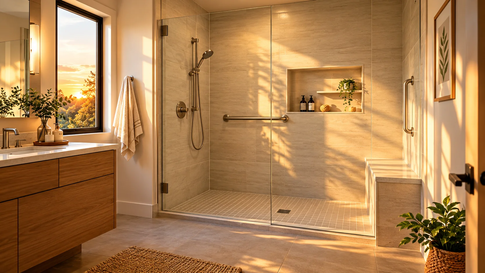 Modern bathroom update with a comfortable walk-in shower, grab bars, built-in bench, and accessible features