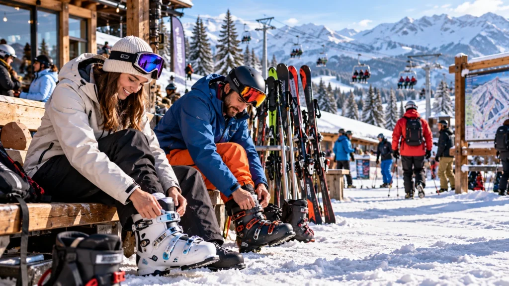 Skiers adjusting their ski boots at a snowy alpine resort with winter sports equipment, chairlifts, and mountain views in the background.