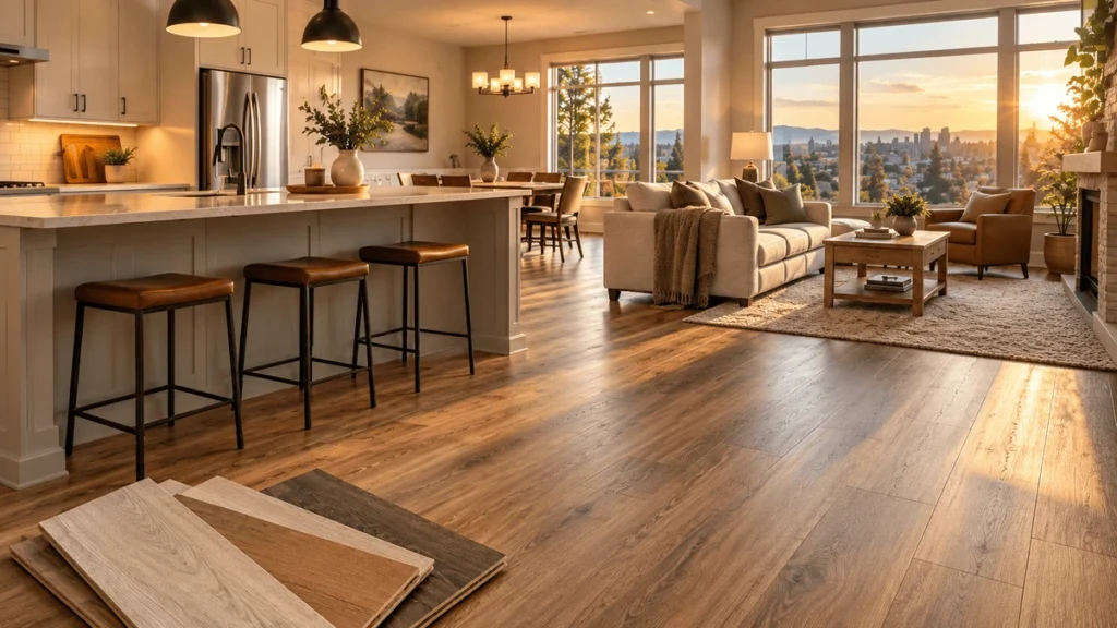 Modern open-plan home in Spokane featuring durable wood-look flooring, a stylish kitchen island, and a cozy living area with natural sunset lighting.