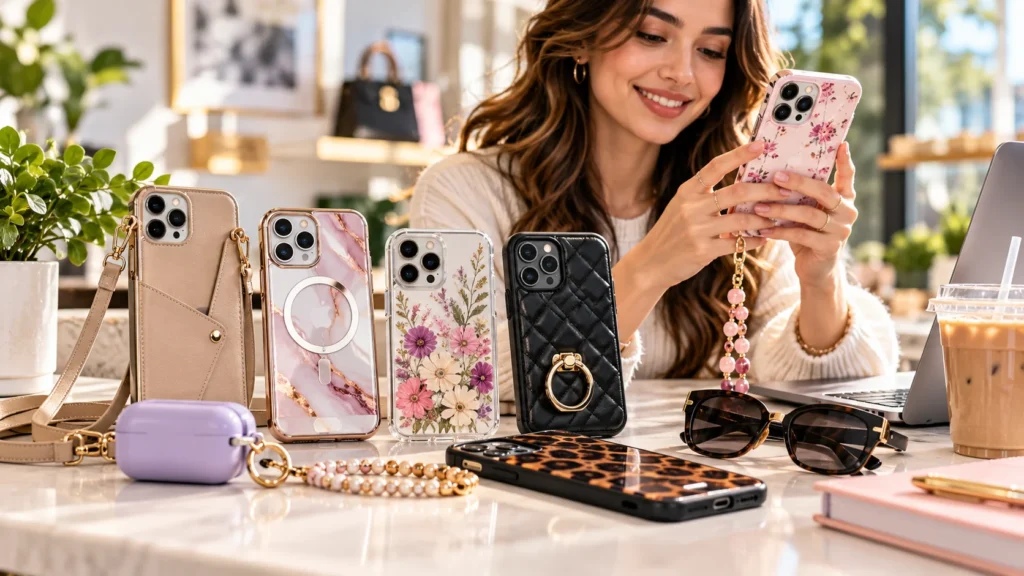 Stylish phone accessories including floral, leather, MagSafe and crossbody phone cases in a modern lifestyle setting