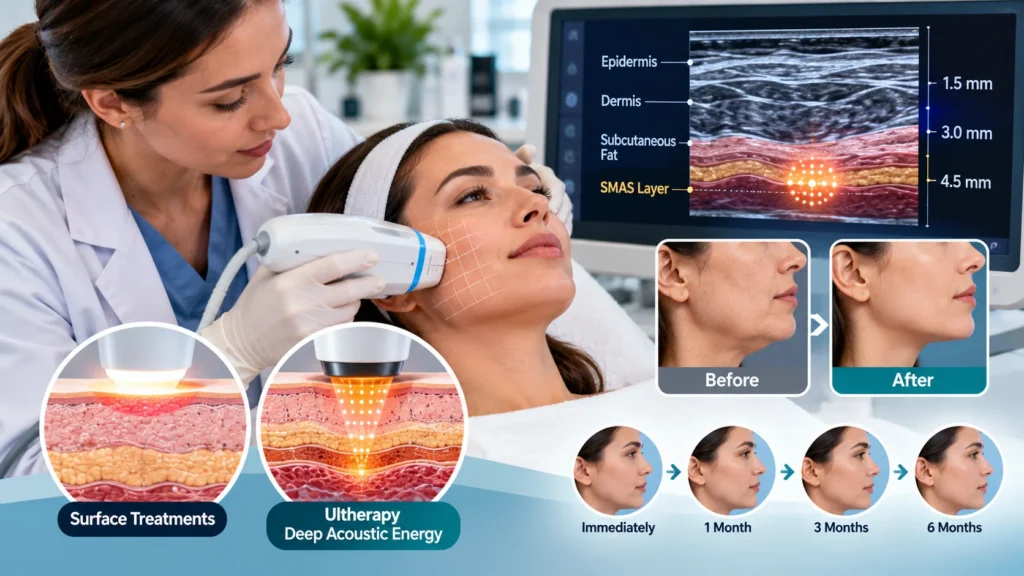 Ultherapy deep acoustic energy treatment targeting facial skin layers for non-surgical skin tightening