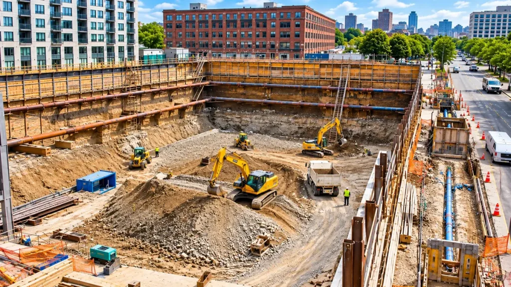 Deep urban excavation site with excavators, reinforced retaining walls, steel bracing, and nearby buildings during foundation construction.