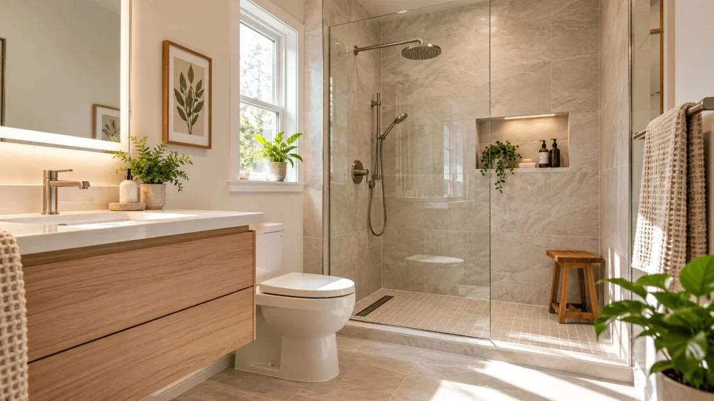 Walk-in shower ideas for small bathrooms featuring frameless glass, beige tiles, a floating vanity, and space-saving design.