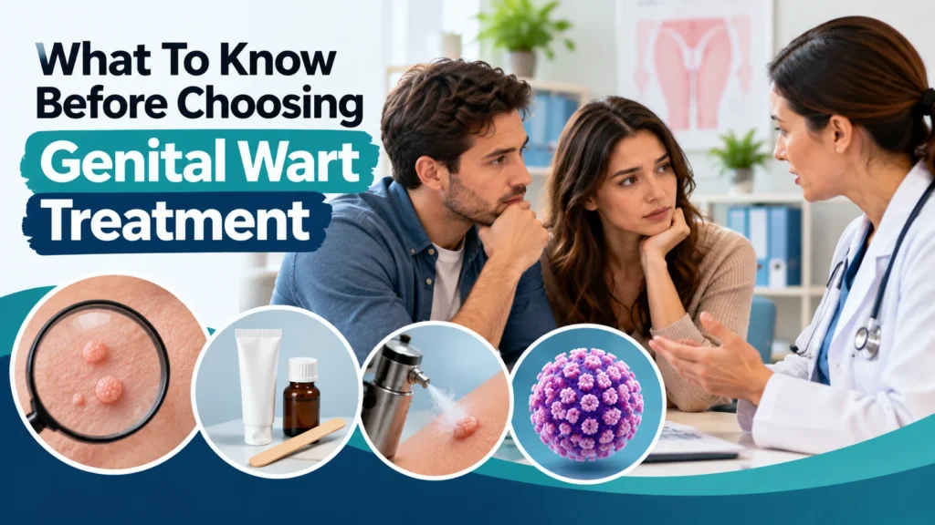 What to know before choosing genital wart treatment with a doctor discussing treatment options with a couple