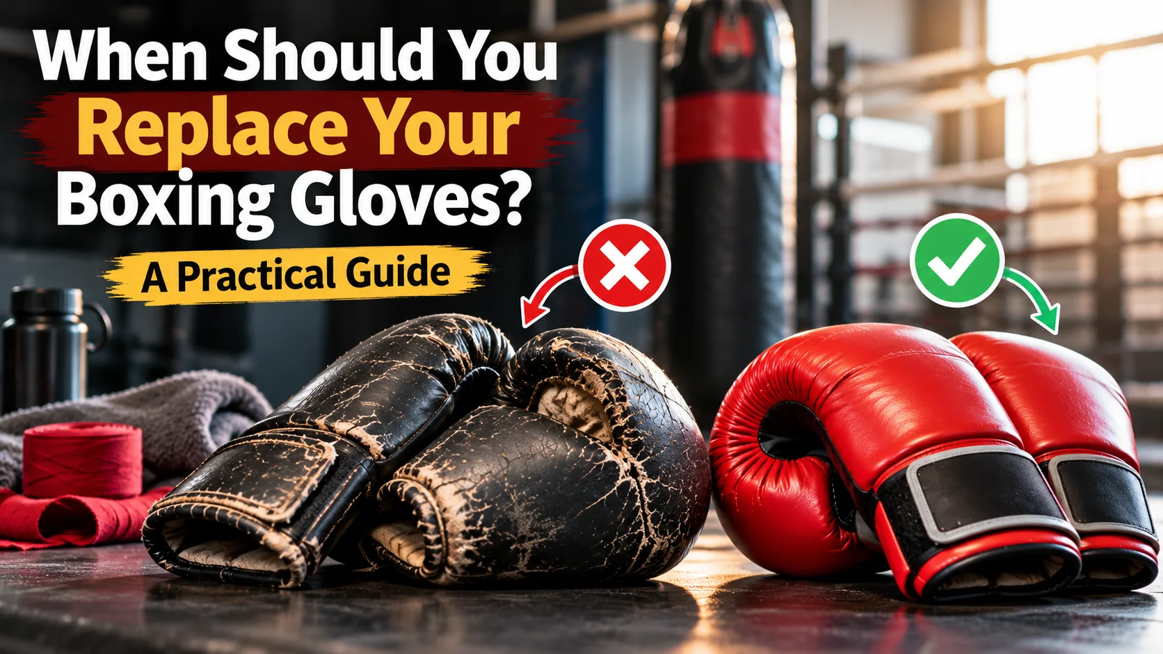 Worn and new boxing gloves compared to show when boxing gloves should be replaced
