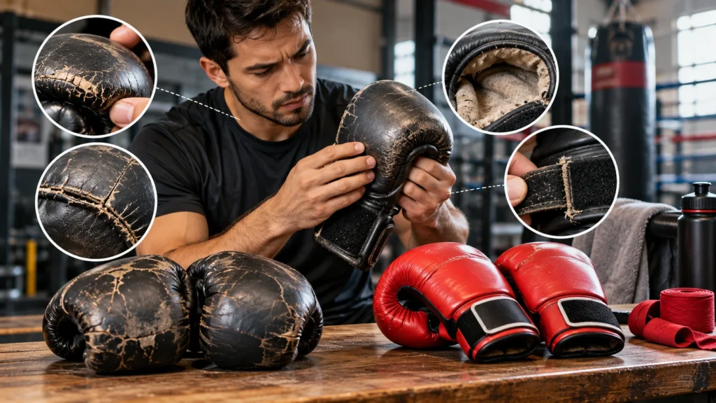 Boxer inspecting worn boxing gloves for damaged padding, seams, lining, and wrist support